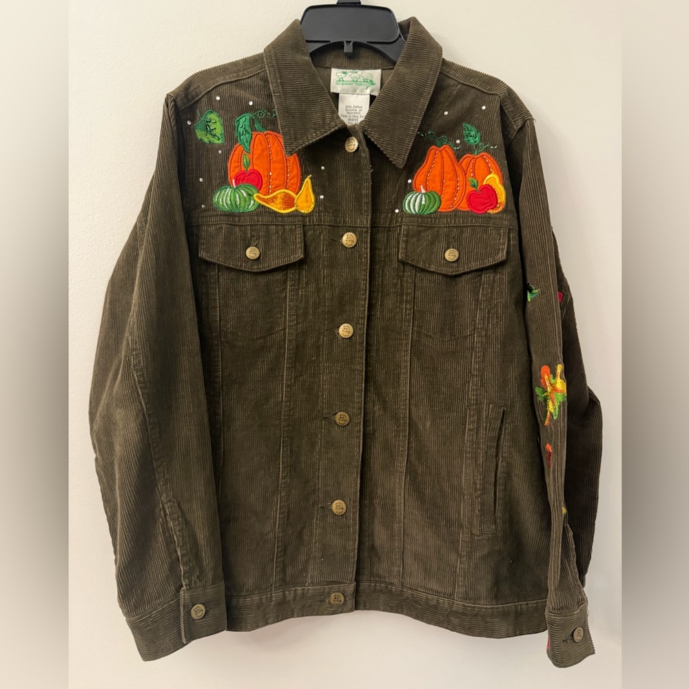 Quacker Factory Embellished Embroidered Pumpkin Corduroy Jacket Size XS brown